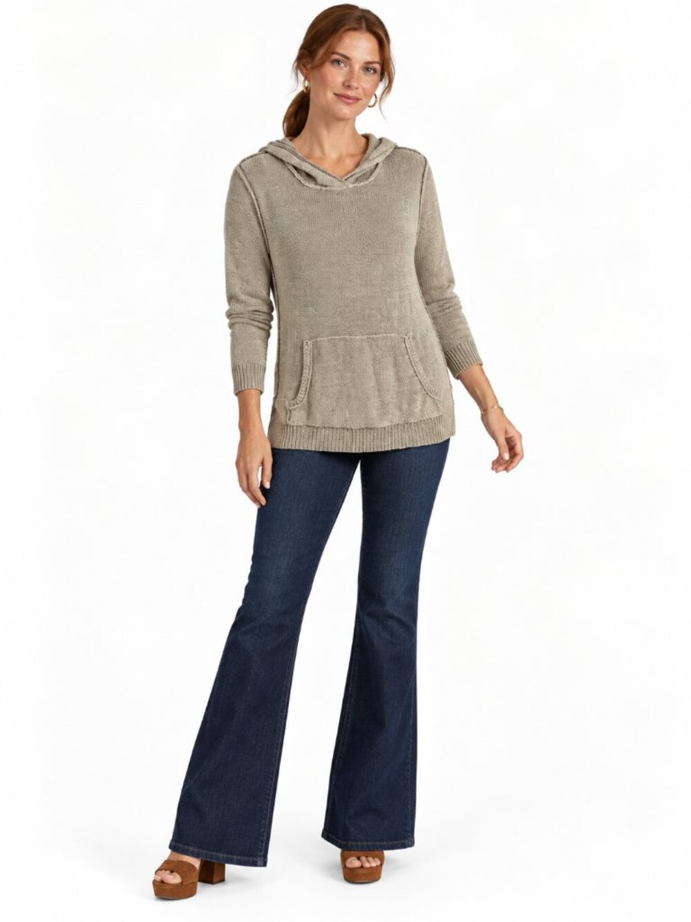 Brochu Walker Linen Hooded Tunic Sweater Taupe Size M Open Knit Quiet Luxury